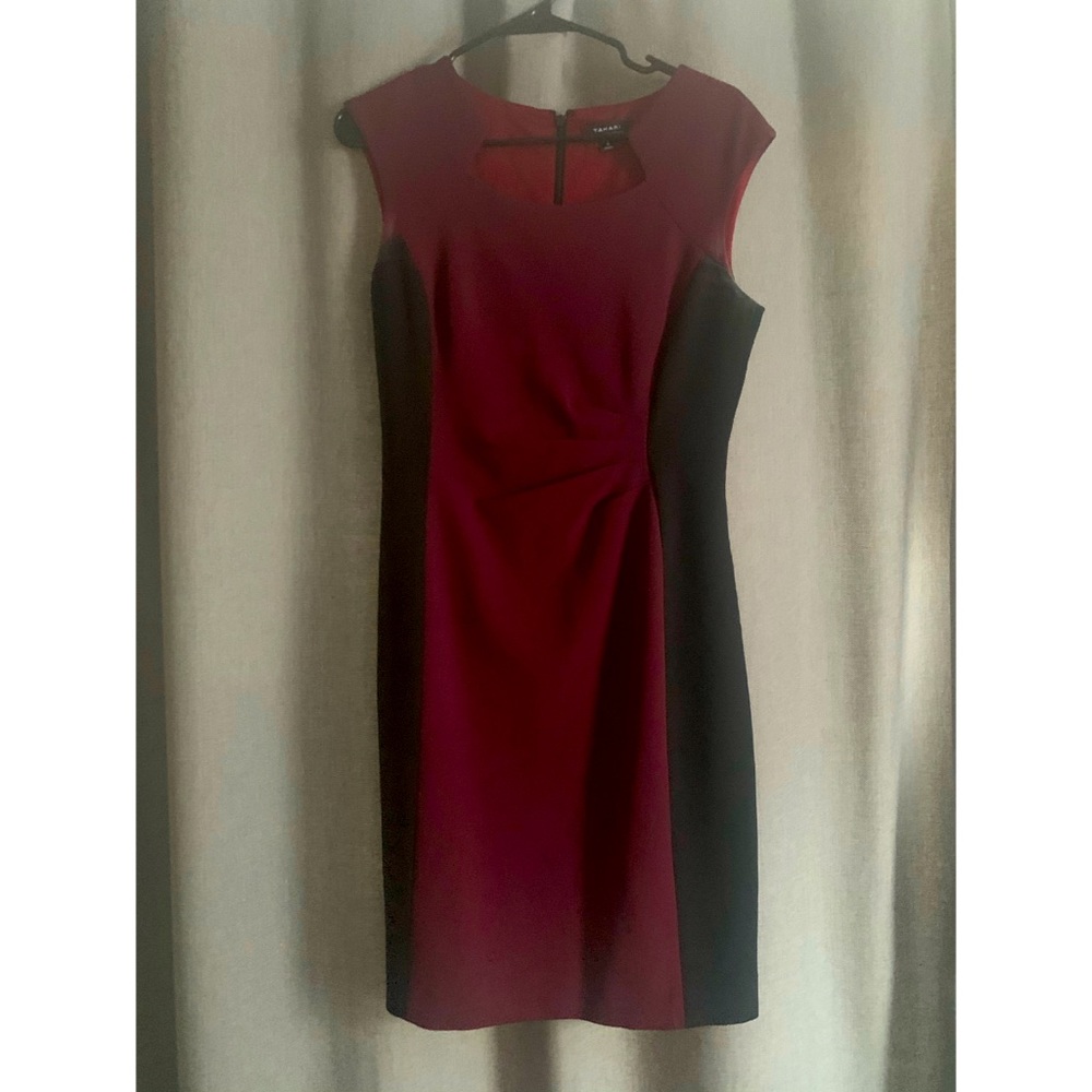 Purple dress with black symmetrical detailing